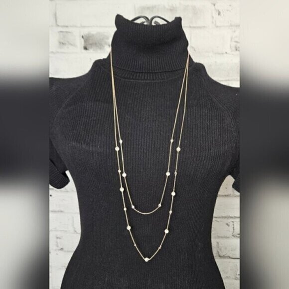 Gold Tone Double Layer Necklace w/ Pearls & Crystal Stations - Picture 2 of 6